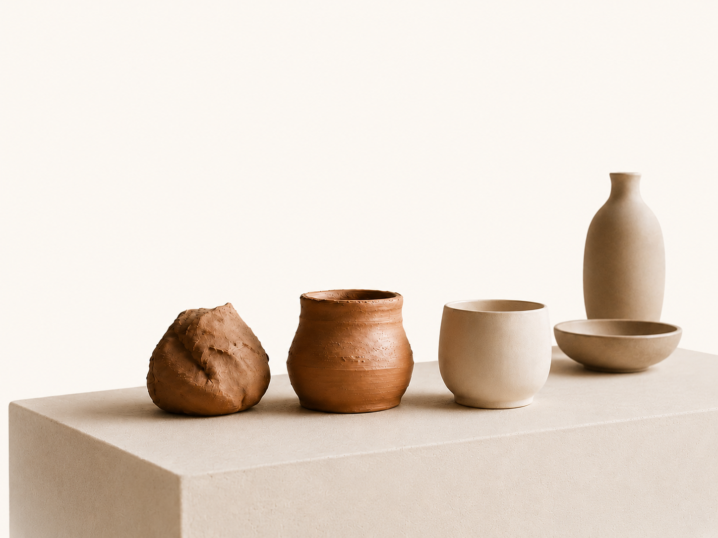 Clay taking form across four stages on a plinth — a raw lump, a rough thrown pot, a smooth vessel, and a refined vase